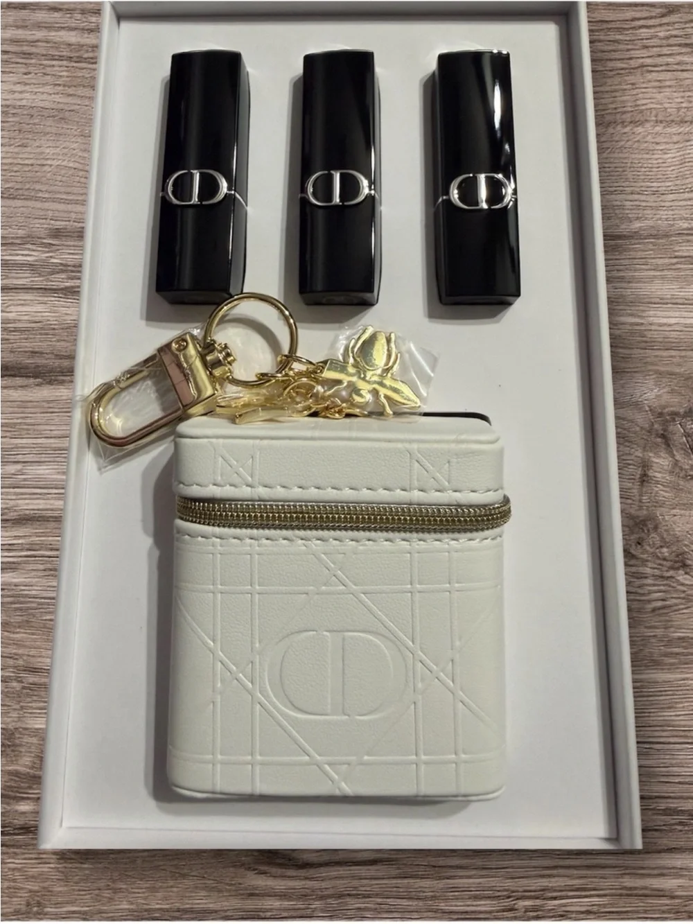 New - Dior Cannage Quilted Lipstick Case Keychain / Bagcharm with 3 Lipsticks